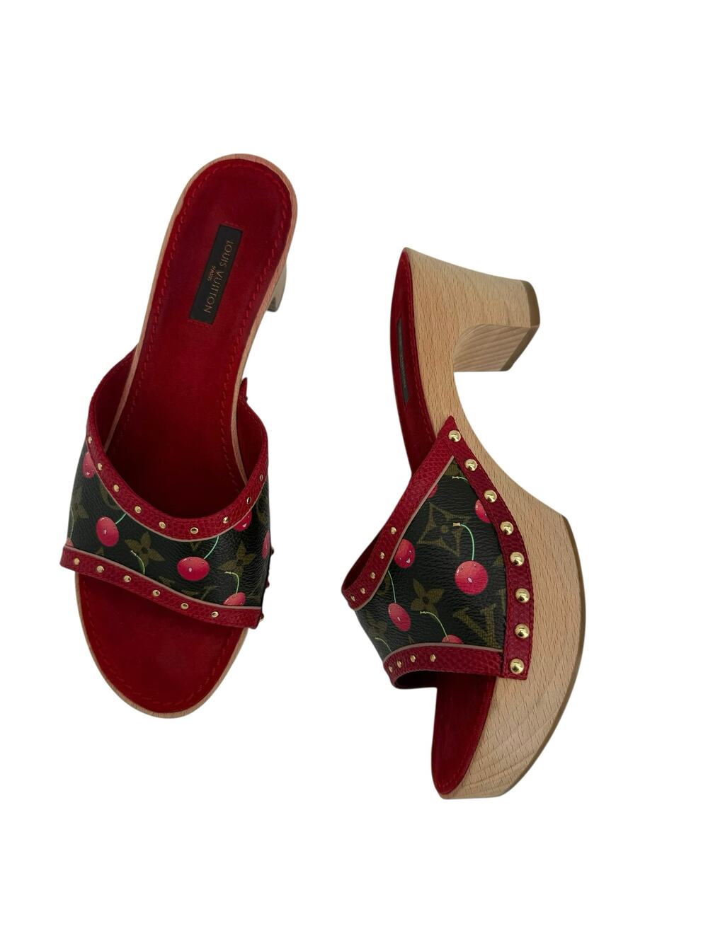 Vintage Louis Vuitton Cherry Takashi Murakami Monogram Wooden Clog Mules EU 38.5